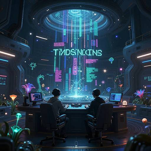 Alien AI Control Room with Bioluminescent Flora