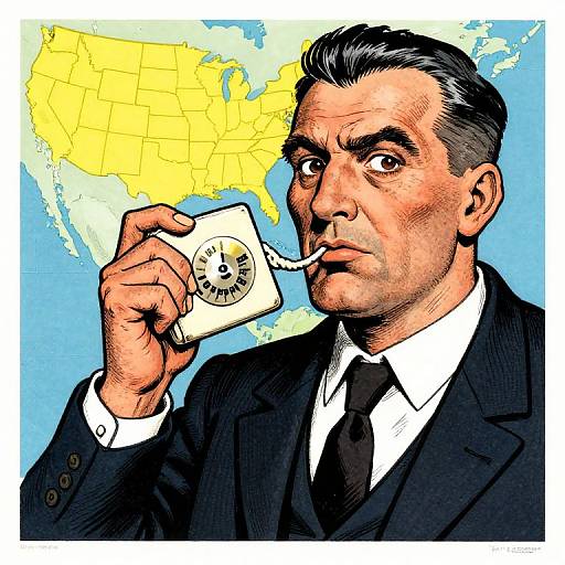 Cartoon-style drawing of a serious man in a suit, holding a white coffee mug with an 