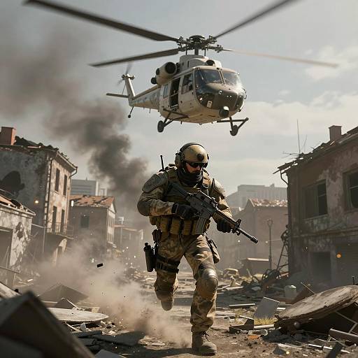 Military Recon Soldier Sprinting in War-torn City