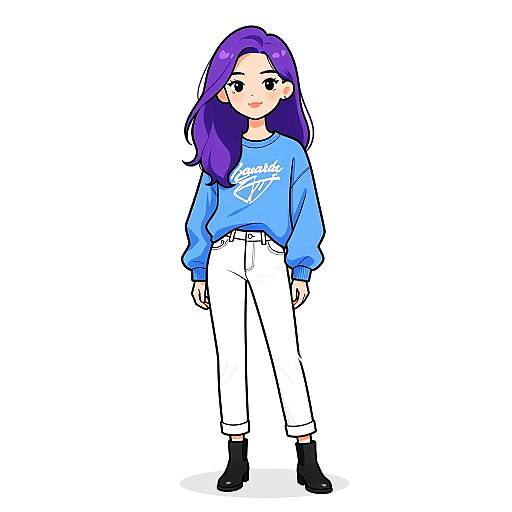 Digital anime-style drawing of a purple-haired girl in a blue sweatshirt, white pants, black boots, standing against a white background.
