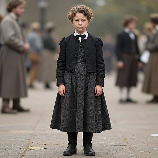 Photograph of a young boy with curly brown hair, wearing a black Victorian-era suit and long dress, standing in a blurred street with people in similar