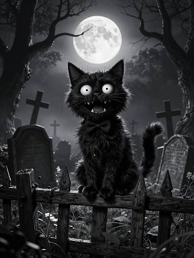 Digital illustration of a glowing-eyed, black, fluffy cat sitting on a wooden fence in a spooky, moonlit graveyard with crosses and tombstones.