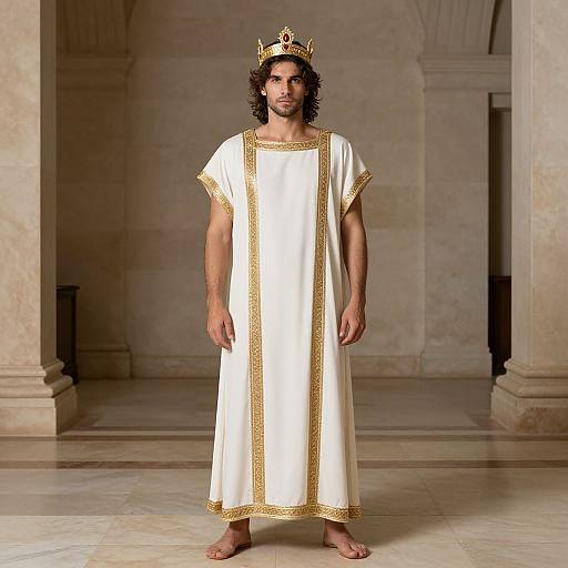 Photograph of a bearded man with long curly brown hair, wearing a white toga with gold trim, a gold crown, and barefoot,