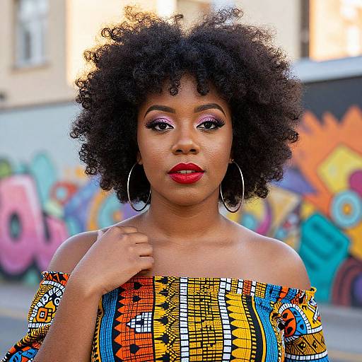 Photograph of a Black woman with a curly afro, vibrant red lips, colorful eye makeup, and an off-the-shoulder, geometric-pattern