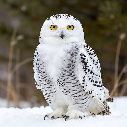 Photograph of a snowy owl with striking yellow eyes, white feathers with black spots, standing on snow against a blurred dark forest background.