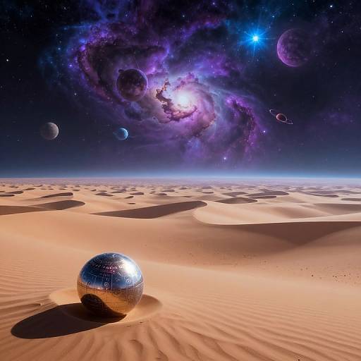 Photorealistic CGI of a reflective silver sphere in a sandy desert under a vibrant, starry galaxy with swirling purple clouds and distant planets.