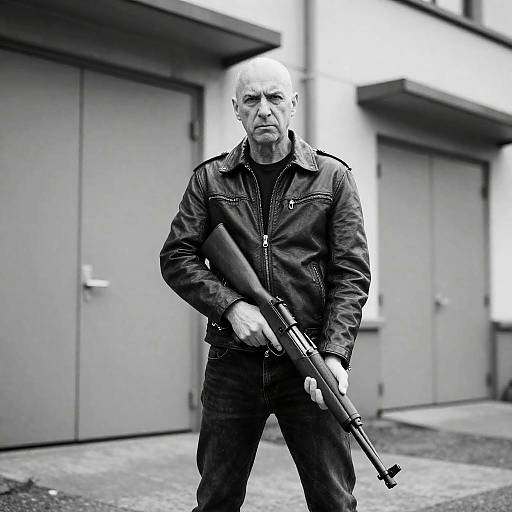 Man Holding Rifle in Industrial Setting