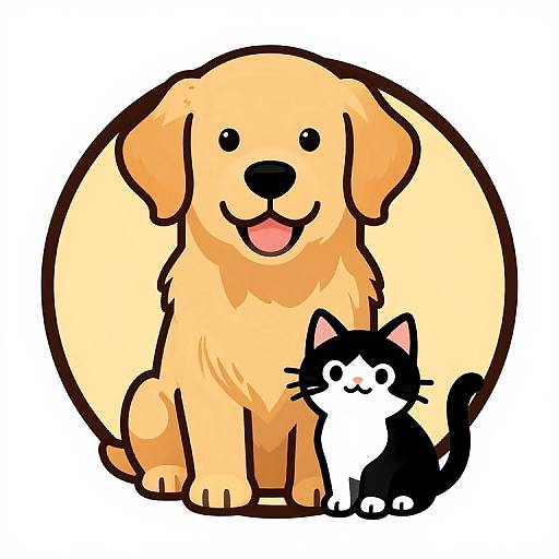 Cartoon illustration of a happy golden retriever with a black and white cat sitting beside it, both inside a beige circle.