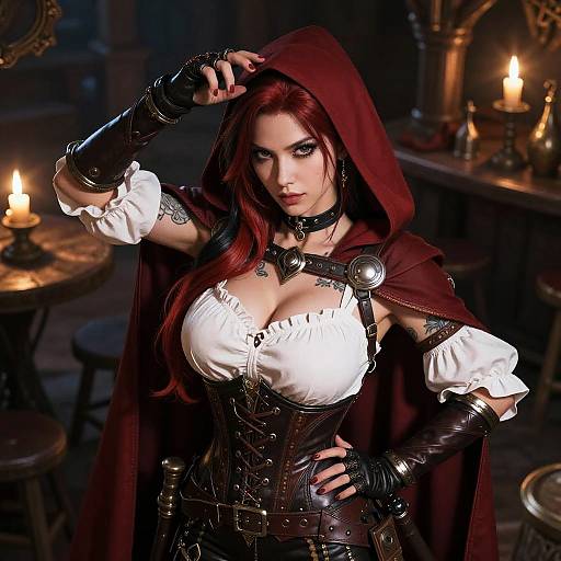 Digital painting of a red-haired, busty woman in medieval fantasy attire, with a hood, corset, white blouse, and leather gloves, standing in