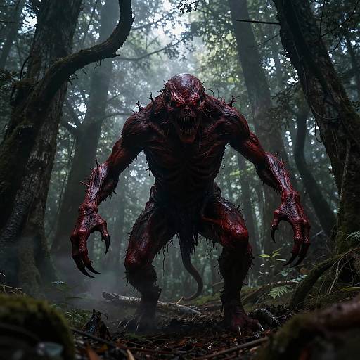 Red Monster in Foggy Forest