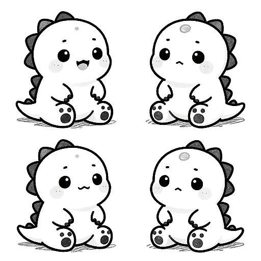 Black-and-white digital drawing of four cute, chibi-style, dinosaur-like creatures with small, round eyes, black spines, and chubby bodies,