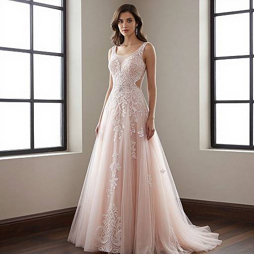 Elegant Woman in Pink Lace Prom Dress
