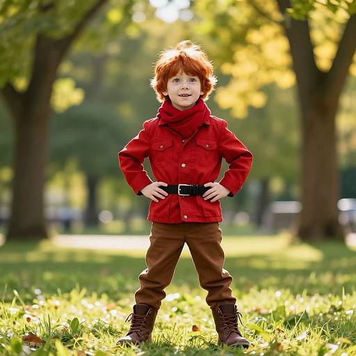 Confident Red-Haired Boy in Sunny Park