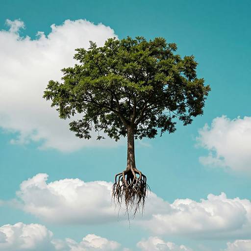 Photograph of a tree with visible roots floating in a bright blue sky with fluffy white clouds. The tree's green foliage contrasts sharply with the sky.