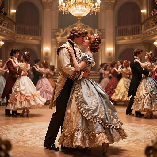 Photograph of a grand ballroom scene with a dancing couple in 18th-century attire, surrounded by other dancers in elaborate dresses. Warm chandelier