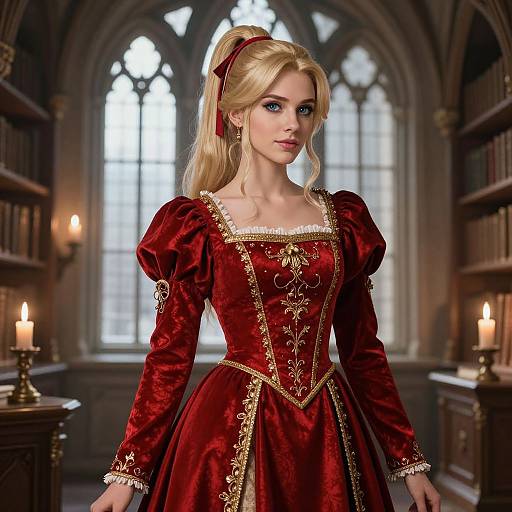Digital painting of a blonde woman with blue eyes in a red velvet Renaissance gown with gold trim, standing in a dimly lit library with candles and ar