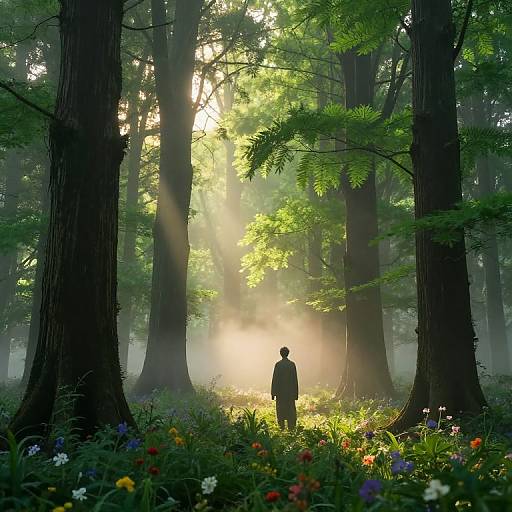 Photograph of a lone person standing in a sunlit, misty forest, surrounded by tall trees and colorful wildflowers, with sunlight filtering through the