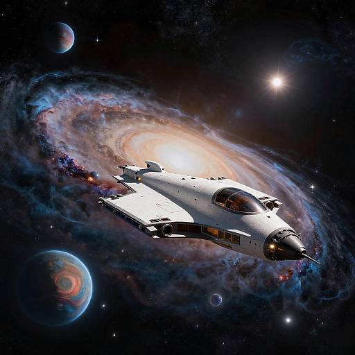 Sleek Starship Amid Colorful Galaxies