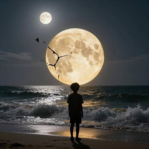 Child Silhouette Facing Cracked Moon on Stormy Beach Night