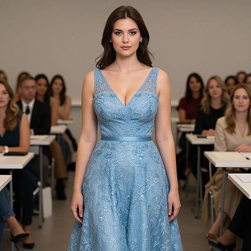Photograph of a brunette woman with fair skin, wearing a sleeveless, light blue lace dress with a V-neck, walking a fashion runway, with