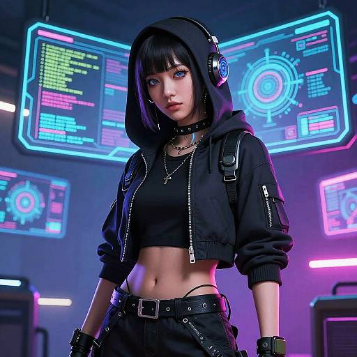 Cyberpunk Female Hacker in Neon Den