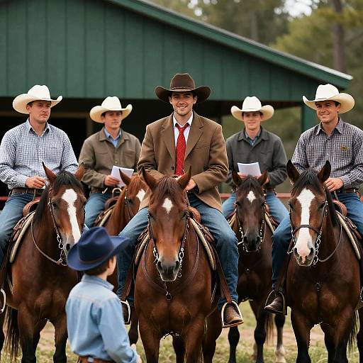 Cowboys in Front of Rustic Building