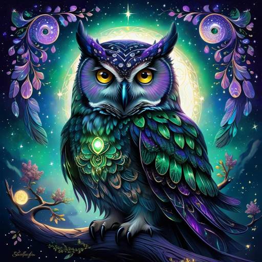 Mystical Owl Adorned with Emeralds