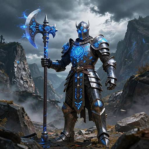 Digital fantasy artwork of a glowing blue-armored warrior with a horned helmet, holding a glowing blue battle axe, standing in a misty, rocky
