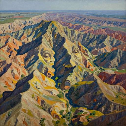 Surreal oil painting of a mountainous landscape with two large, ghostly human faces emerging from the rocky terrain, bathed in vivid colors and