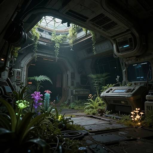 Photorealistic digital artwork of a dimly-lit, abandoned futuristic room with lush, glowing plants and flowers, hanging vines, and soft, ambient