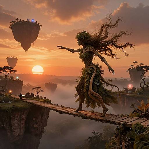 Digital fantasy artwork of a leafy, serpent-like creature with long tendrils crossing a wooden bridge at sunset, floating islands with glowing orbs in the background