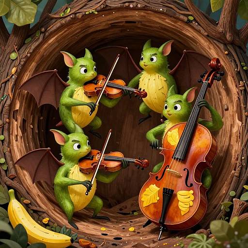 Four green, bat-like creatures with yellow bellies play violins and a cello in a wooden nest surrounded by forest foliage. Digital illustration.
