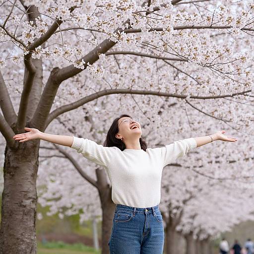 Photograph of an Asian woman with black hair, wearing a white sweater and blue jeans, joyfully spreading arms under blooming cherry blossoms.