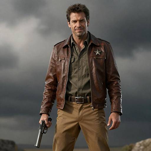 Confident Rugged Man in Leather Jacket