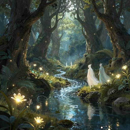 Digital fantasy artwork of a moonlit forest with glowing fireflies, a winding stream, and two ethereal white figures amidst towering trees.