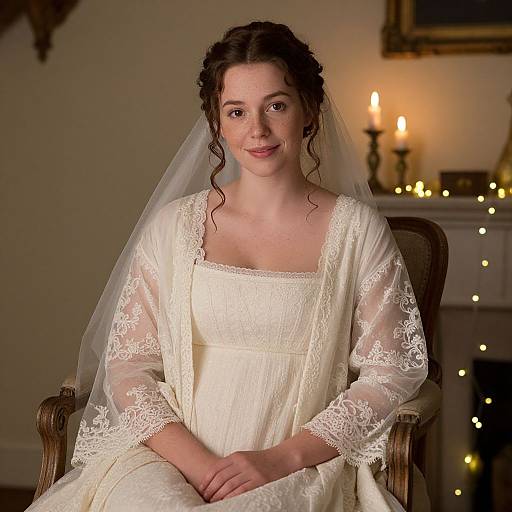 Photograph of a smiling, fair-skinned bride with curly brown hair, wearing a white lace wedding dress and veil, seated in a dimly lit