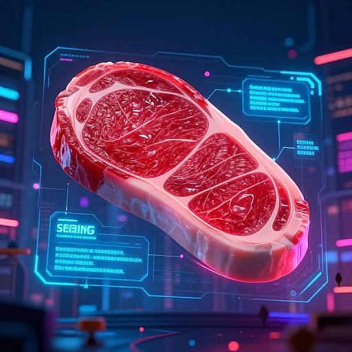 Digital CGI of a glowing red, highly detailed beef steak with neon blue text labels 