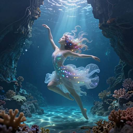 Underwater photograph of a fair-skinned, blonde ballerina in a shimmering, sequined, white dress, dancing gracefully between coral reefs with