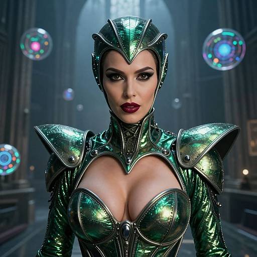 CGI image of a striking woman in metallic green armor with a cleavage-cut chest plate, dark red lipstick, and helmet, surrounded by floating ir