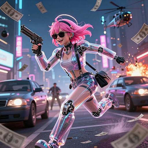 Digital art: Neon-lit city street, cyberpunk pink-haired woman with sunglasses, metallic bodysuit, shorts, and high-heeled boots,