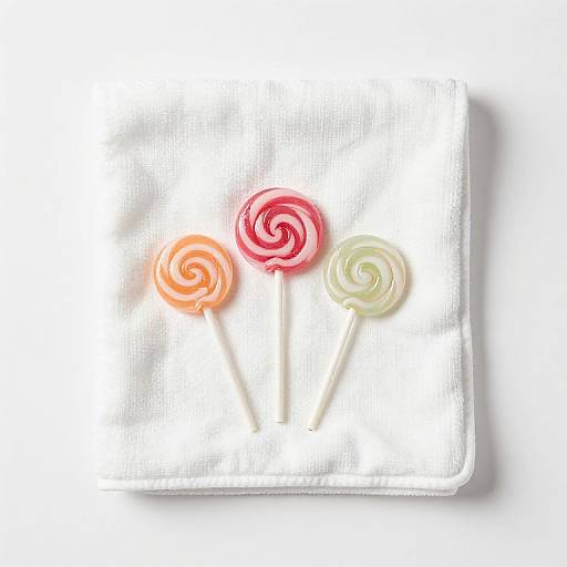Photograph of three colorful swirled lollipops (orange, pink, green) on a white textured fabric background, casting soft shadows.