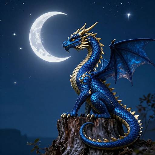 Digital artwork of a blue, scaly dragon with gold spikes and wings, sitting on a rock under a glowing crescent moon.