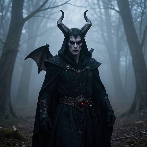 Photograph of a dark, menacing figure in a forest, wearing a black hooded robe with horned helmet, bat-like wings, and intricate armor