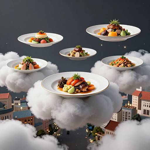Photorealistic digital art: Six white plates with colorful fruit and pineapple, floating on clouds above a whimsical cityscape at night.