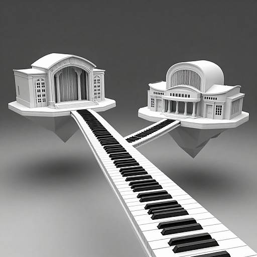 Digital art of two floating white classical buildings connected by a black and white piano keyboard pathway against a gradient gray background.