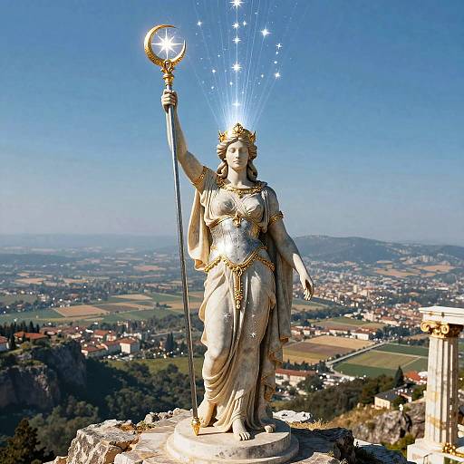Photograph of a sunlit, radiant, classical-style statue of a goddess holding a staff with a star, overlooking a scenic, sprawling village and fields