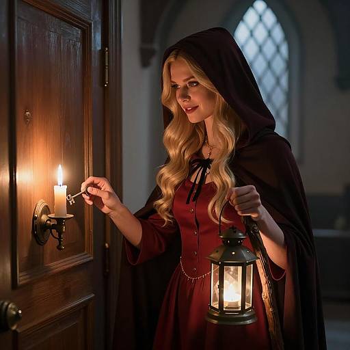 Mystical Woman Unlocking a Wooden Door