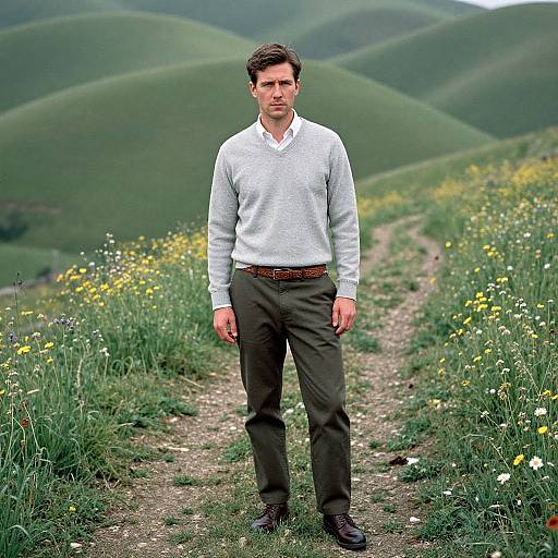 Photograph of a serious, Caucasian man with short brown hair, wearing a white sweater, olive pants, and brown belt, standing on a grassy