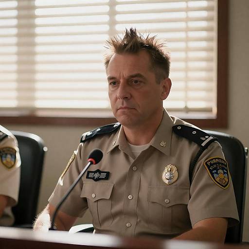 Serious Officer at Desk with Sunlight Flare