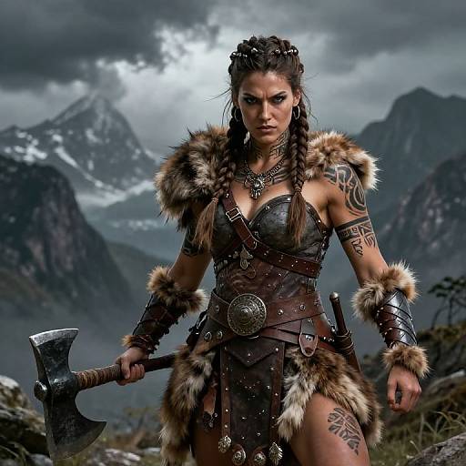 Photorealistic digital artwork of a fierce, tattooed, armored Viking warrior woman with braided hair, holding an axe, standing in a misty